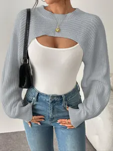 Short Asymmetric Hem Solid Color Ribbed Knit Pullover Sweater, Casual Fashion for Women, Comfortable and Stylish Outerwear