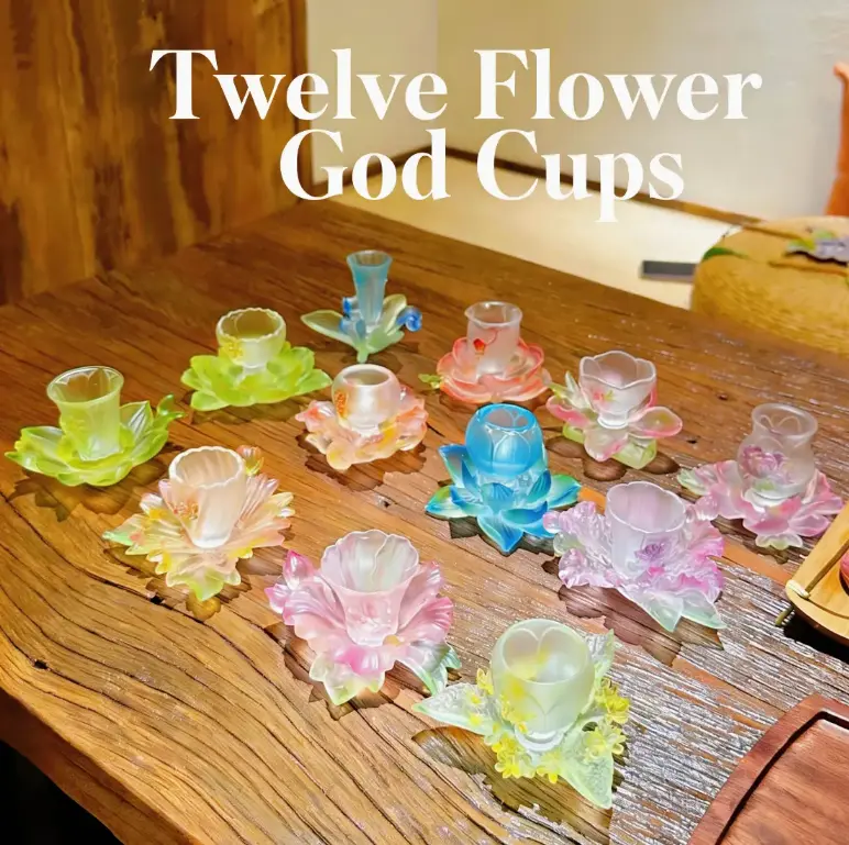 12 Flower Goddess Glazed Glass Cup & Saucer Set (12pcs Gift Box) | Traditional Chinese Art Tea Ceremony Collection | Handmade Luxury Gongfu Tea Set Gift