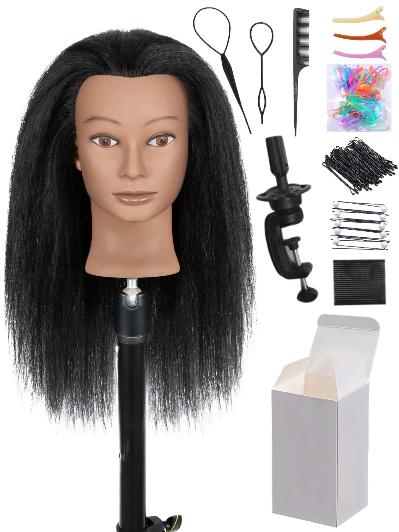 Hair Tool Kit & Mannequin Head with 100% Real Human Hair, Suitable for Braiding, Styling, Curling and Cutting, Accessories