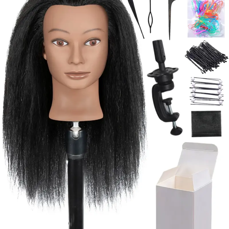 Hair Tool Kit & Practice Mannequin Head with 100% Real Human Hair, Suitable for Braiding, Styling, Curling and Cutting, Accessories