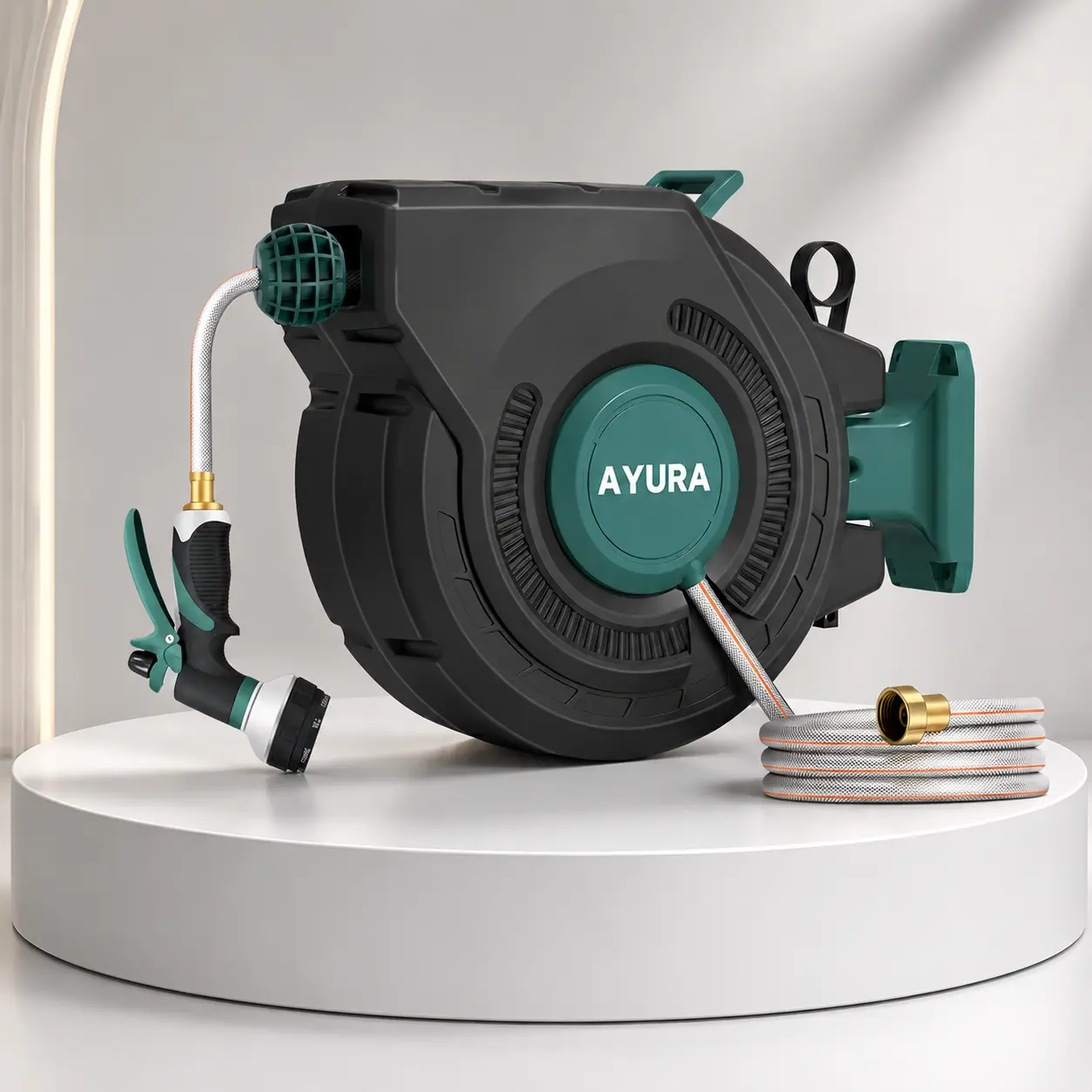 Heavy-Duty Wall-Mounted Retractable Garden Hose Reel: Premium Auto Slow-Rewind System, 8-Pattern Spray Nozzle, Precision Length Lock Mechanism (Professional Outdoor Watering Hardware Accessory)
