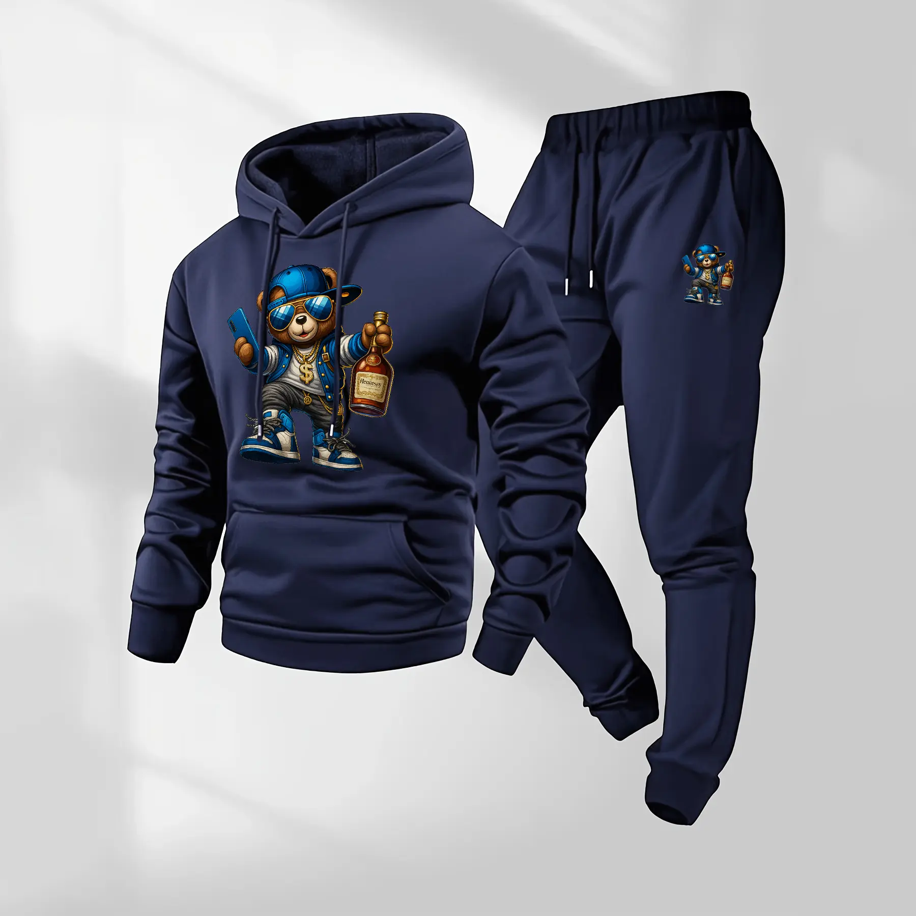 Men's Violent Bear Pattern Hoodie & Drawstring Track Pants Set with Pockets Casual Athletic Long Sleeve Hooded Jacket & Jogger Pants Fall Winter Sportswear Street Style Tracksuit for Everyday Wear Indoor & Outdoor Activities