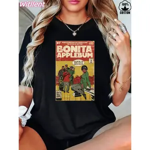 Witllent Women's 100% Cotton A Tribe Called Quest Bonita Applebum Comic Art Book Retro Vintage 90s Hip Hop T-Shirt, Women's Christmas Cotton T-Shirt