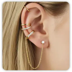 Ear Cuff Earrings for Women, Gold Chain Earrings with Ear Cuffs Non Piercing, Stackable Fake Piercings Ear Clips Jewelry Clip on Cartilage Helix as Daughter Earcuff Birthday Gifts