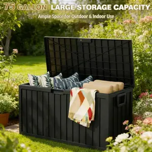 75 Gallon Large Deck Box for Outdoor & Indoor Storage - Ample Space for Toys Books and Other Large Items - Easy Open Close Design