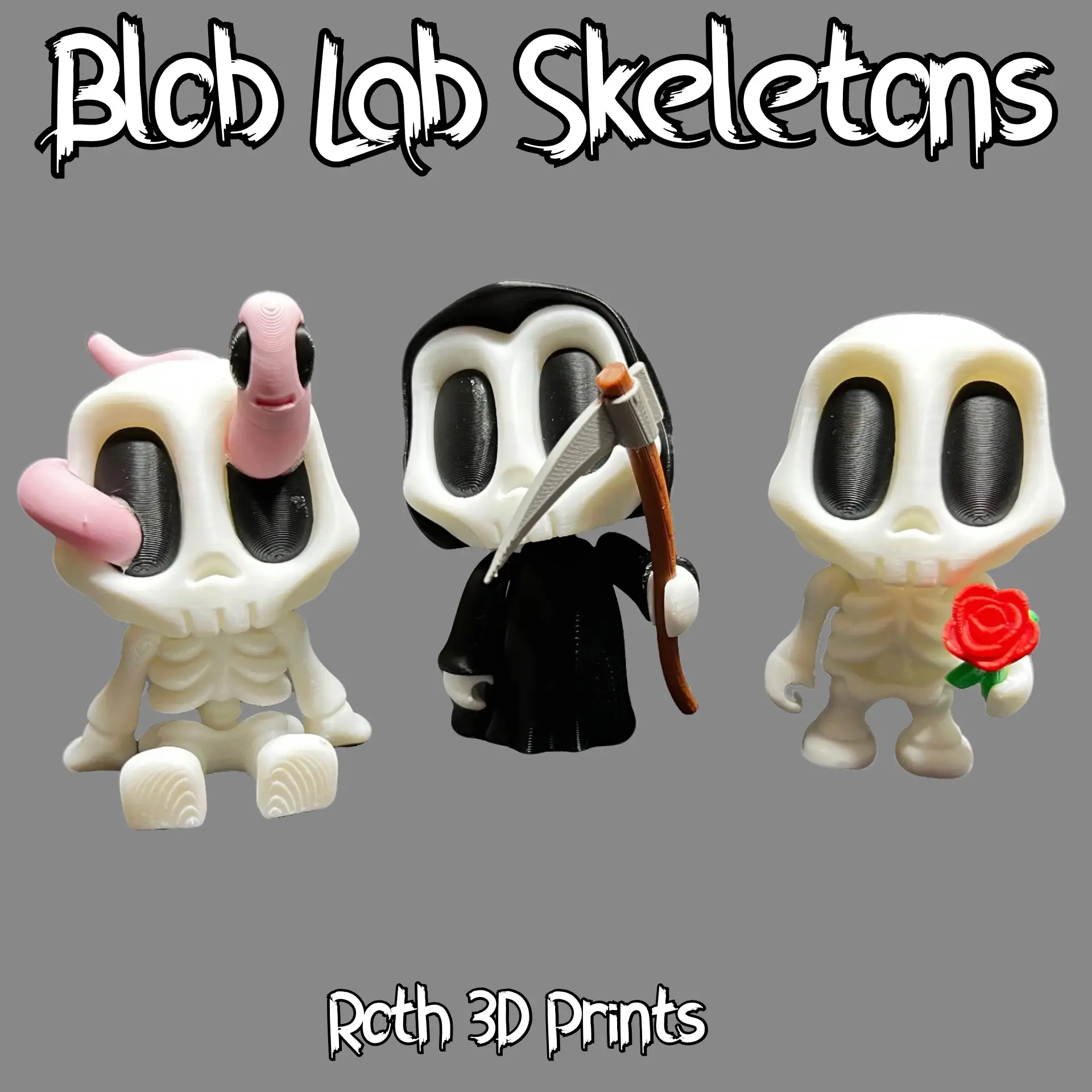 Blob Lab Skeleton Figures - 3D Printed Modular Collectible Figurines with Moveable Arms & Articulating Heads Halloween Pumpkin Characters