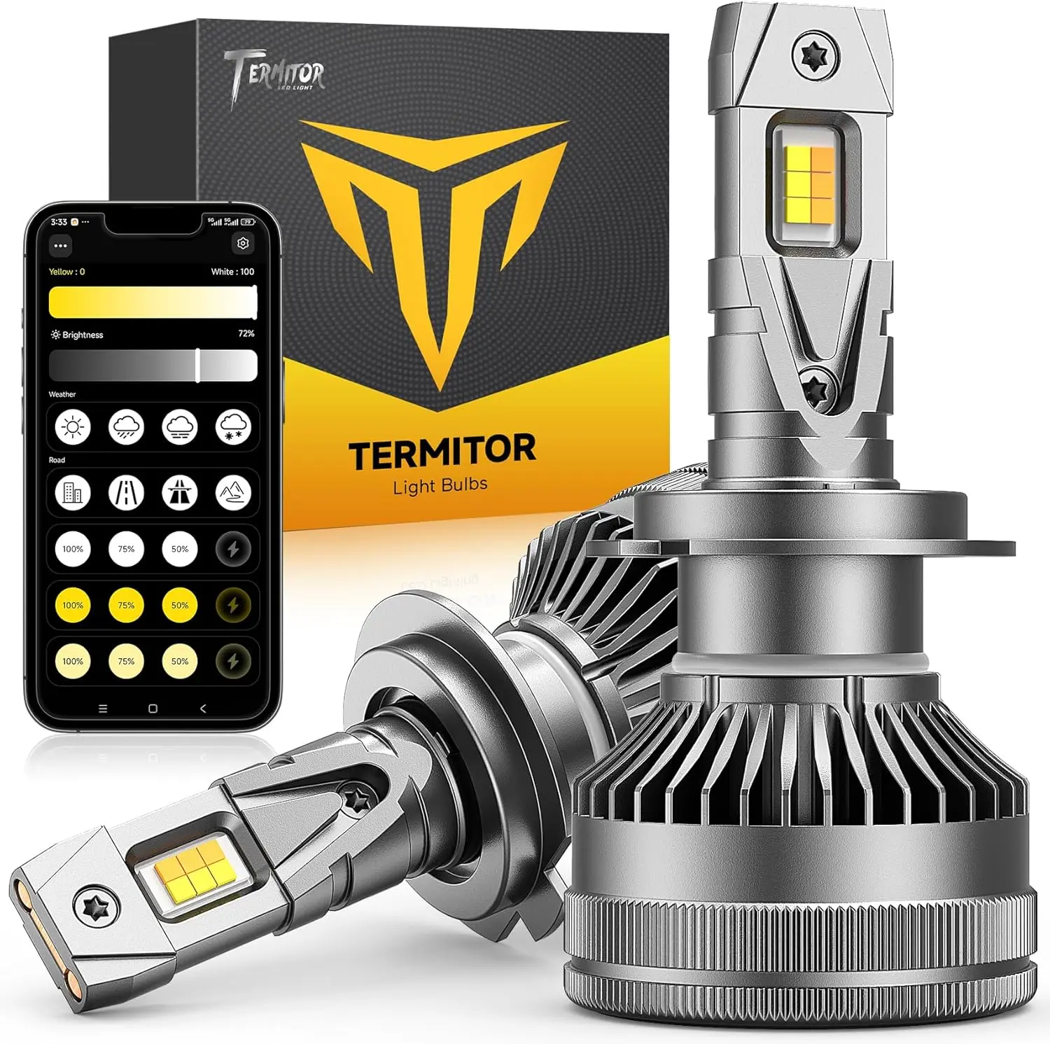 Termitor Smart H7 Light Bulb, 0-80000LM 1500% Super Brighter, App-Controlled Dimming & Color Temperature, 3000K Yellow to 6500K Cool White for Bluetooth H7 Fog Light, Plug and Play, Pack of 2
