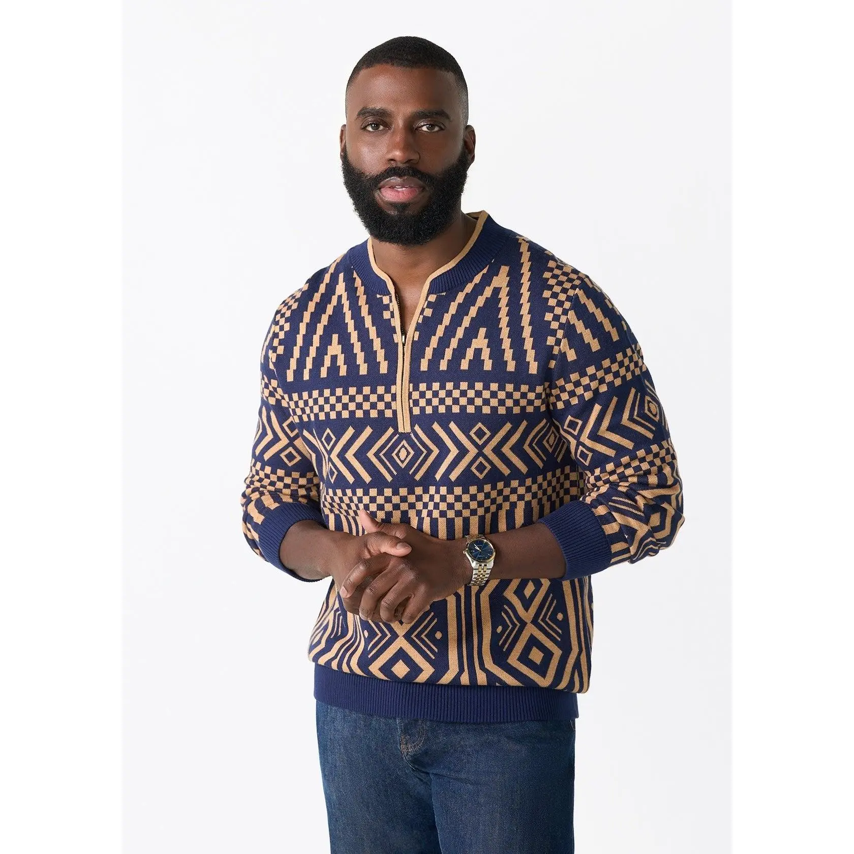 Kibo Men's African Print Quarter-Zip Sweater (Navy Tan Tribal)