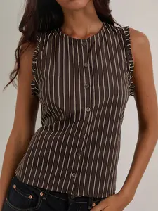 Women's 1pc Striped Sleeveless Ruffled Button Tank Top Feminine Fitted Aesthetic Vertical Striped Pattern & Crew Neckline Fitting for Daily Commute