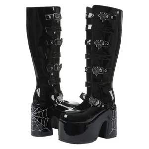 Women's Punk Knee High Gothic Boots Platform Heel with Buckles Cobweb Patterned Black & Purple Walking Shoes PU Leather Girl Footwear