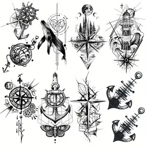 Waterproof Temporary Tattoo Stickers Set, Cute Design Featuring Compass Anchor Whale Cross Butterfly Heart Shapes, Ideal for Body Art, Tattoo Paper
