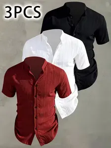Men's Summer Short Sleeve Shirt Set, Lightweight Breathable Solid Color Button-Up, Stand Collar, Beach Vacation Pool Party Casual Wear, Collared Shirt, Menswear