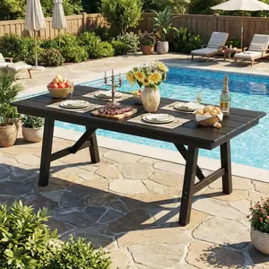 Outdoor Dining Table Set for 6, 7-Piece Patio HDPE Slatted Table and Chairs Set with Umbrella Hole, All-Weather Durable Garden Dining Set for Backyard, Deck, Lawn, and Poolside