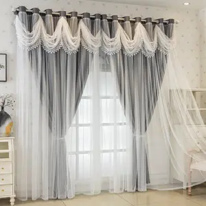 2PCS European vintage embroidered lace semi-transparent curtains, dual-layer design, perfect for living room and bedroom decor
