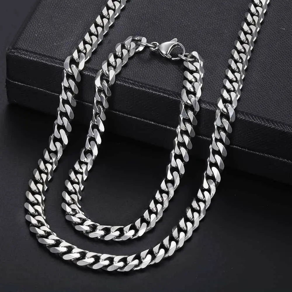 Stainless Steel Miami Curb Cuban Bracelet&Necklace Set for Men women Punk 5mm Link Chain charm jewelry Gift