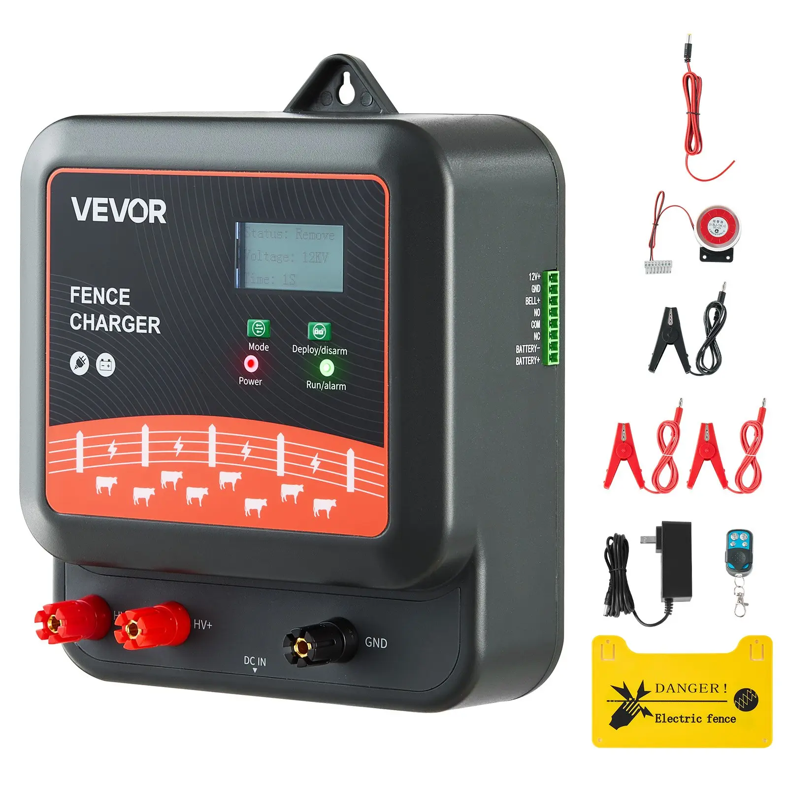 VEVOR Heavy Duty Adjustable Weatherproof IP65 Rated Electric Fence Charger - 2J/3J/5J 10kV Energizer, Real-Time LED Monitor, Alarm System, 6.2 mi Coverage, AC/DC Compatible, Summervibes DC USB Battery Adapter for Outdoor Livestock, Shock Protection, Wide