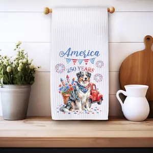 Fourth of July Dog Theme Kitchen Towel, Patriotic Waffle Weave Tea Towel
