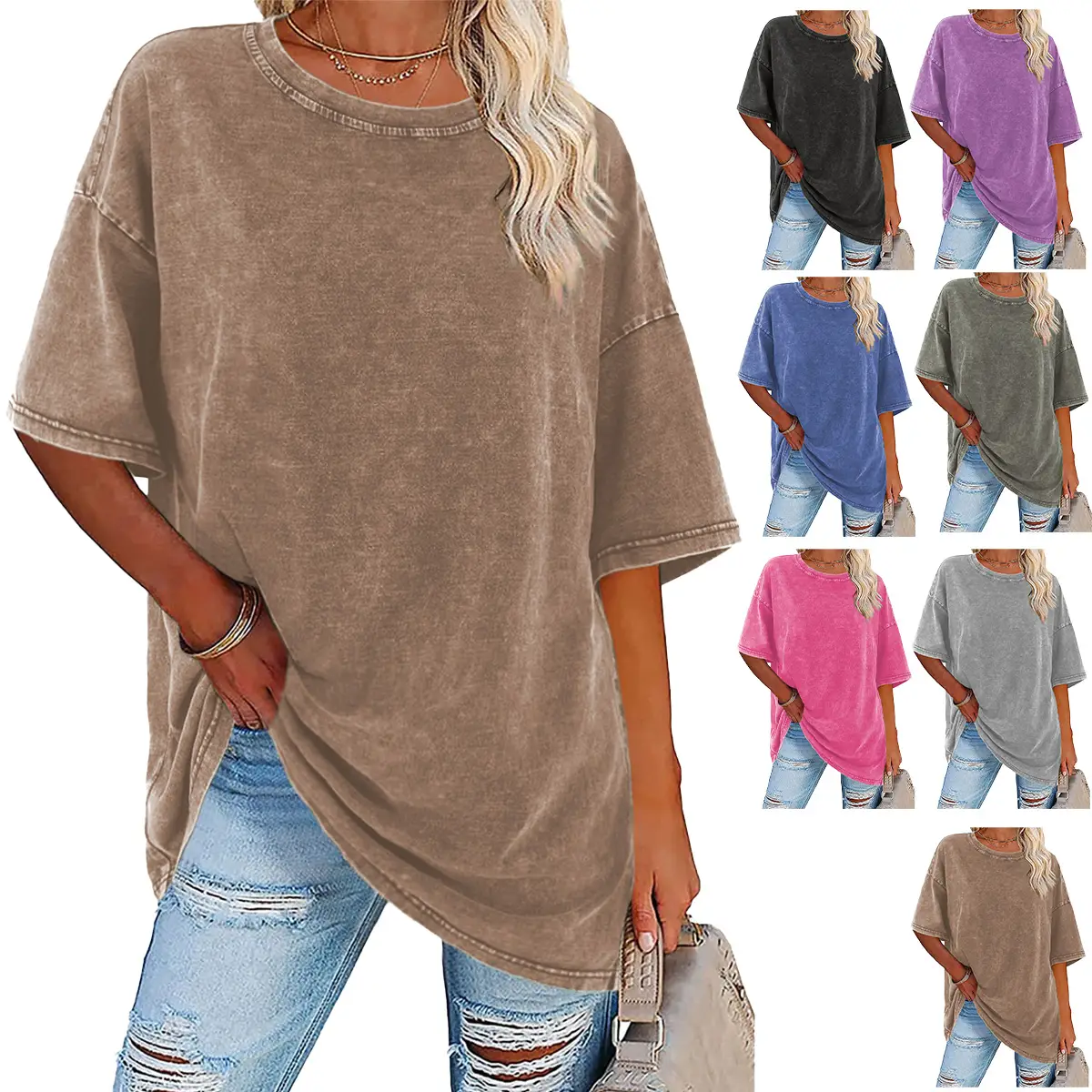 Holafish Acid Washed T Shirts for Women Tee Tops Heavy Cotton Vintage Unisex Tees Loose Fit Crewneck Short Sleeve Casual Streetwear Baggy Basic Tops