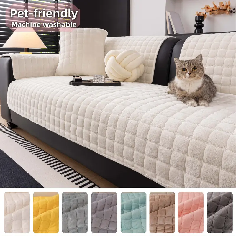 Plush Quilted Sofa Cover, Non-Slip Pet-Friendly Machine Washable Sofa Slipcover, Washable Couch Covers, Furniture Protector, Anti-Scratch & Pet Hair Resistant, Universal Fit for 2/3/4-Seater