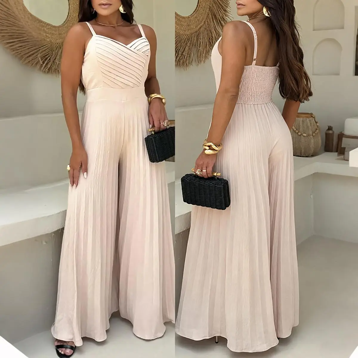 CHICME Women's 100% Polyester Overalls - Sleeveless V-Neck Spaghetti Straps, Pleated Waist, Casual Chic Wide-Leg Flared Legs Jumpsuits for Weddings & Evening Occasions, Wide-Leg Pants