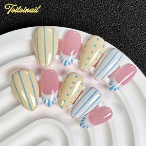 Butter Stripe Handmade Press-On Nails, Fake Nail, Short Almond Shape, 10pcs, Fresh Butter Yellow & Blue Stripe Design, Cream & Pink Color Block & Dot Accents, Reusable DIY Nail Kit for Women, Trendy Nails for Spring, Summer, Travel & Daily Wear