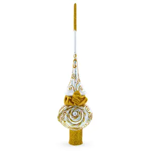 Golden Twisted Rope and Bow on White Mouth Blown Glass Christmas Tree Topper 11 Inches