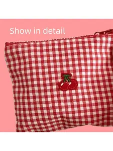 1Pc Embroidered Cherry Pattern Canvas Makeup Bag, Portable Red Plaid Large Capacity Cosmetic Lipstick