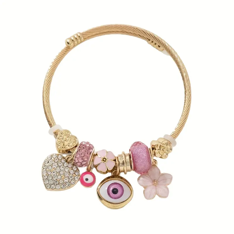 1pc DIY Bead Bracelet with Evil Eye Charm, Heart & Flower Beads, Golden-Tone Metal & Rhinestones - Pink & Golden Boho Jewelry for Women, Everyday & Party Wear bracelet stack italian charm bracelet bangles bracelets charm bracelets