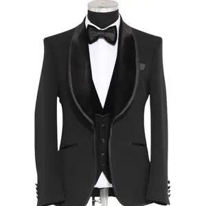 Sleek Jet Black Three-Piece Tuxedo with Velvet Lapel - A Timeless Elegance for 2024 Prom and Wedding Seasons