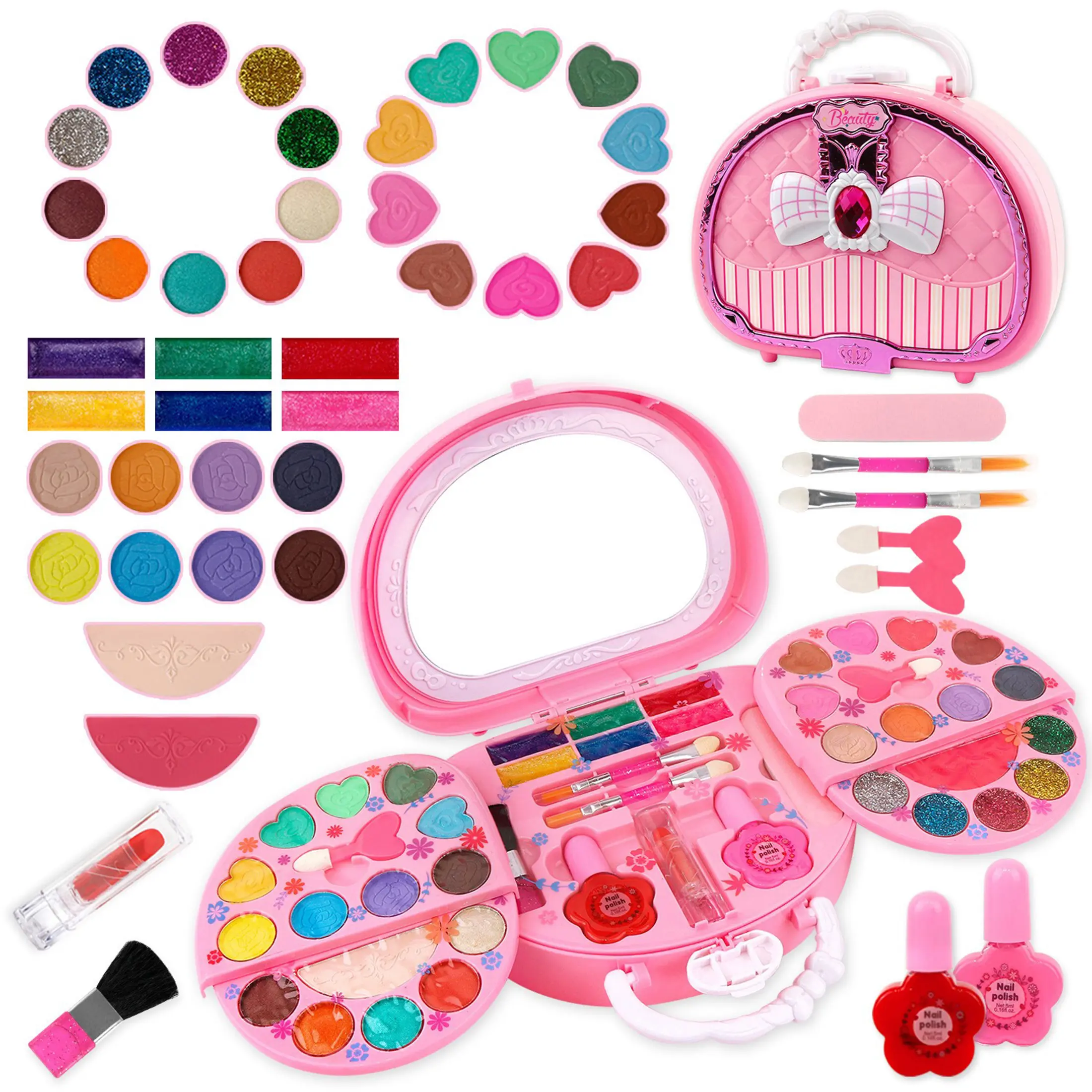 Makeup Set Bag, Real Washable Non-Toxic Safe Princess Role Play Toy, Kids Vanity, Lipstick Blush Nail Polish Gift Box Handbag, Pretend Play Accessories, 3-9 Years Girls