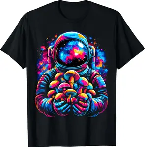 100% Cotton Astronaut Holding Mushroom in Space Galaxy T-Shirt