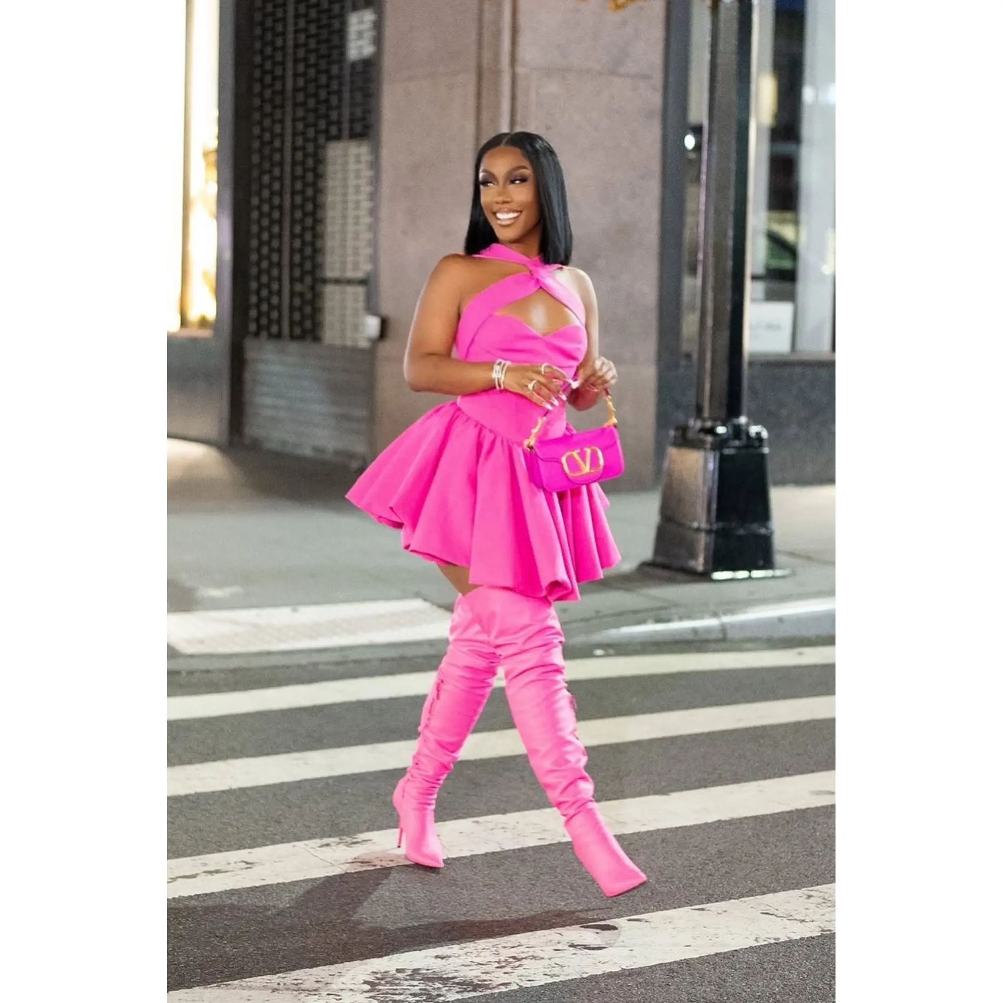 open lace back dress A-Line Strapless Crew Neck Corset Satin Hot Pink Prom Dress PSK671 US18 / Hot Pink
