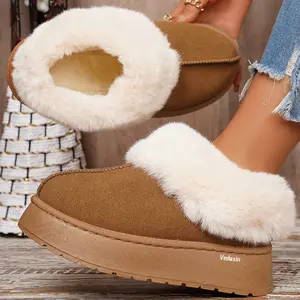 Women's Platform Fuzzy Slippers Warm Plush Lined Winter Slides Non-slip Indoor Outdoor House Shoes