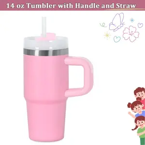 14oz Kids Stainless Steel Water Bottle with Handle & Straw – Vacuum Insulated, Leakproof Tumbler Keeps Drinks Cold/Hot, Travel & School Bottle (Pink)
