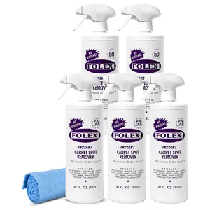 FOLEX Instant Carpet Spot Remover 32 oz – Powerful Stain Remover for Carpets, Upholstery & Rugs – Eliminates Pet Stains, Grease, Red Wine, Food, Makeup & More – With Reusable Cleaning Cloth – 5 Pack