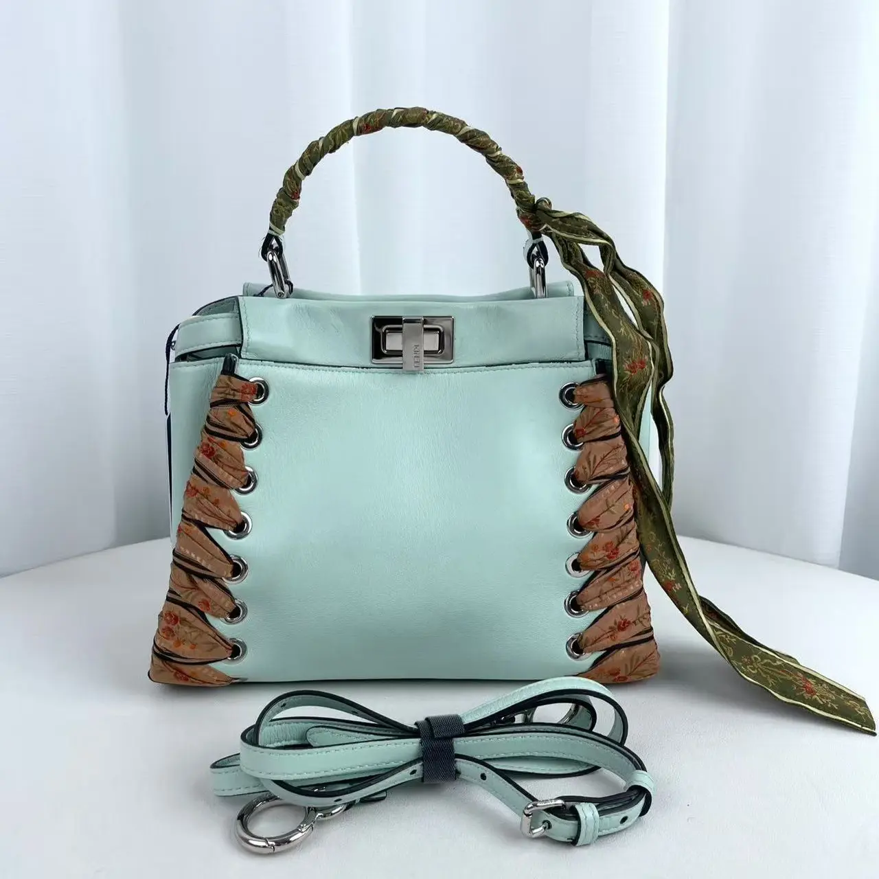 Pre-owned FENDI Nappa Ribbon Lace Up Mini Peekaboo Iconic Satchel Fairy Green