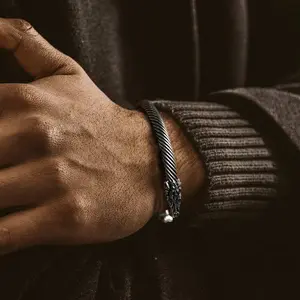 FaithHeart Viking Bracelet Norse Wolf Heads Cuff Bangle Stainless Steel