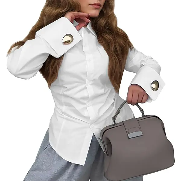 Women's Loose Long Sleeve Cotton Blouse – Gold Button-Front Lapel Collar, Breathable Solid Color Top, Casual Office & Everyday Wear for Spring Autumn