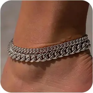 Silver Chunky Cuban Link Anklet for Women, Layered Chain Anklet with Adjustable Length, Double Layer Foot Jewelry, Trendy Summer Beach Jewelry Accessories for Women Girls, Vacation, Party, Daily Wear, Birthday, Holiday Gift