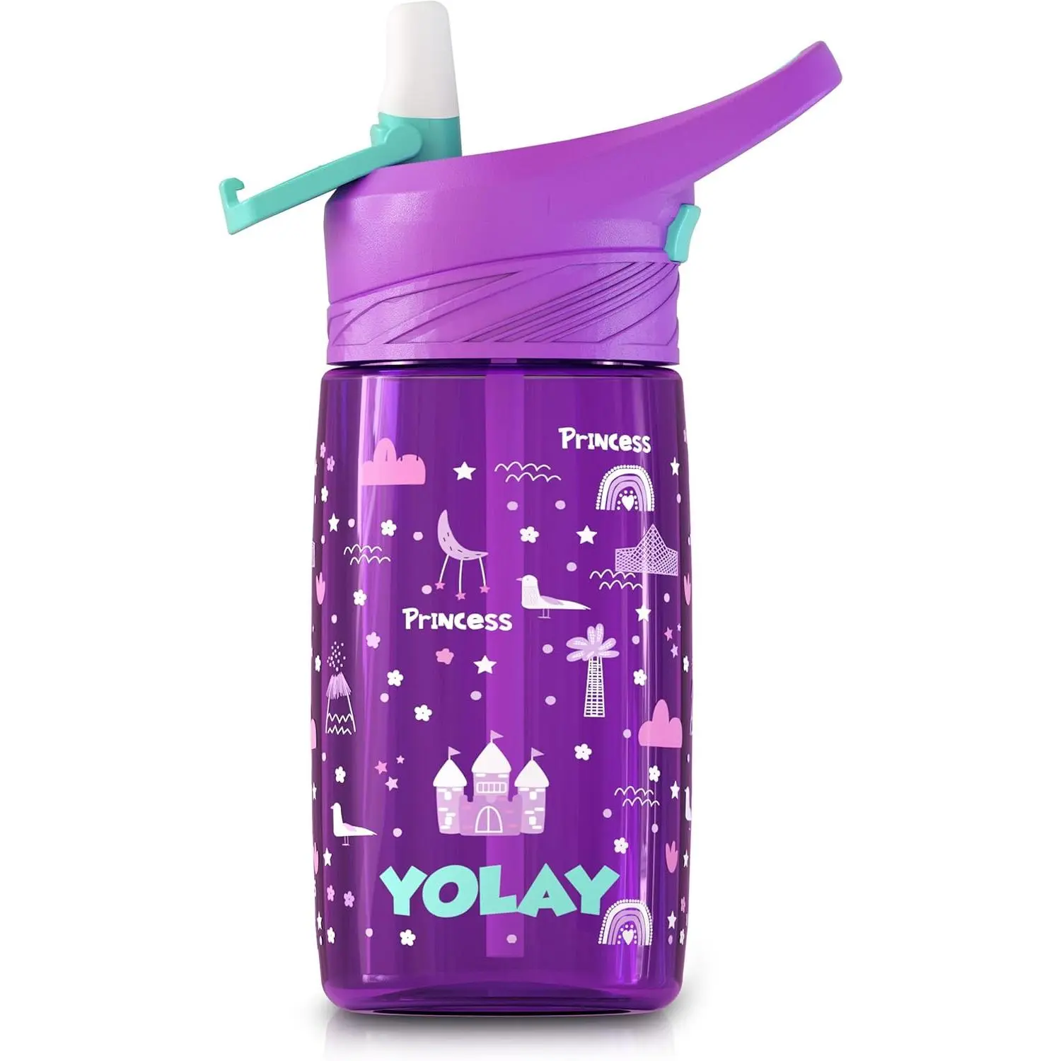 YOLAY 15oz Kids School Water Bottle, Durable BPA-Free Airtight Reusable Toddler Bottle with Leak-Proof Straw Lid, Wide Opening, Easy-to-Clean, Dishwasher-Safe (Princess Character Print)