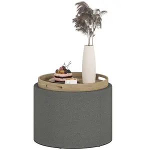 Breathable linen round flip top storage ottoman with hidden space fit home party drink placement and foot relaxation