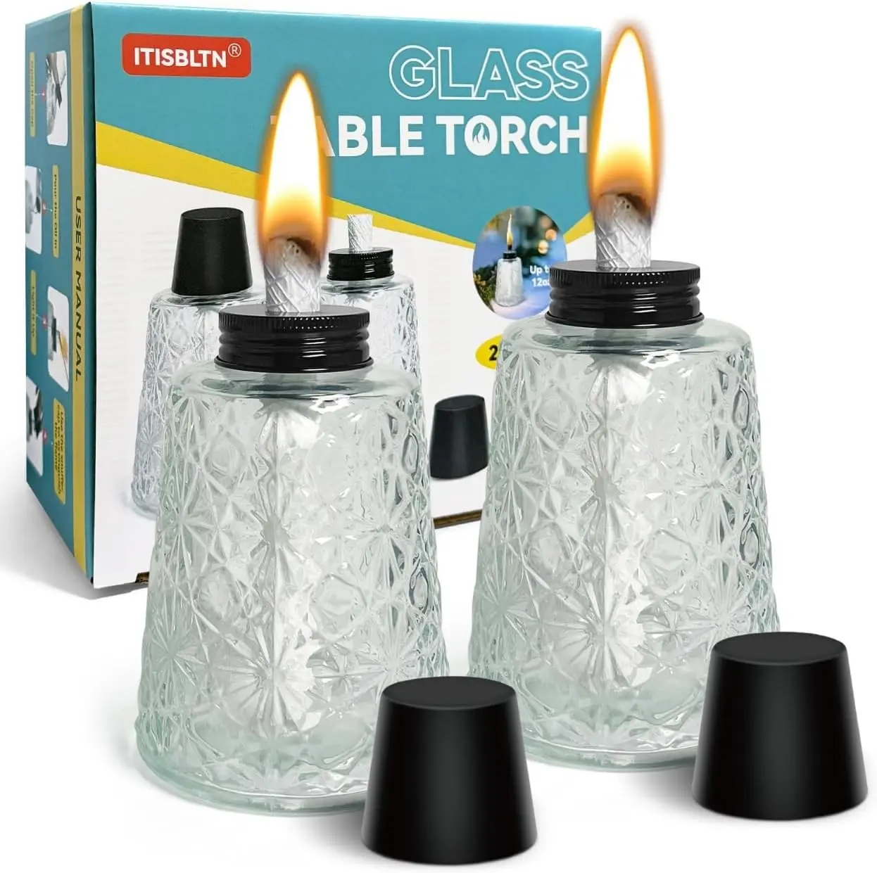 2 Pack Refillable Outdoor Glass Tabletop Citronella Torches with Snuffers & Wicks Decorative Torch Canister for Outdoor Table Decor Patio Backyard Pool Bar