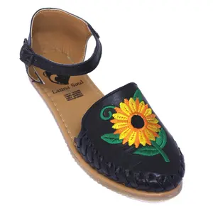 "Marisol" Women's Embroidered Sunflower Huarache - Black