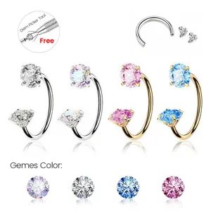 20G/18G 7mm Titanium Horseshoe Nose Ring(Free Gem Picker Tool) Internally Threaded Gems Lightweight