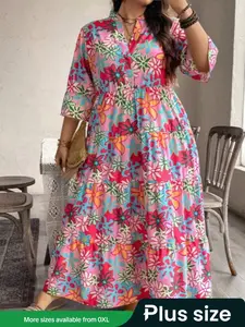【Plus Size】 Floral Print Dress, Casual 3/4 Sleeve Dress for Spring & Fall, Women's Clothes for Daily Wear, Bohemian Womenswear