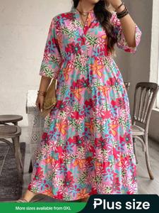 【plus size】 floral print dress, casual 3/4 sleeve dress for spring & fall, women's clothes for daily wear, womenswear