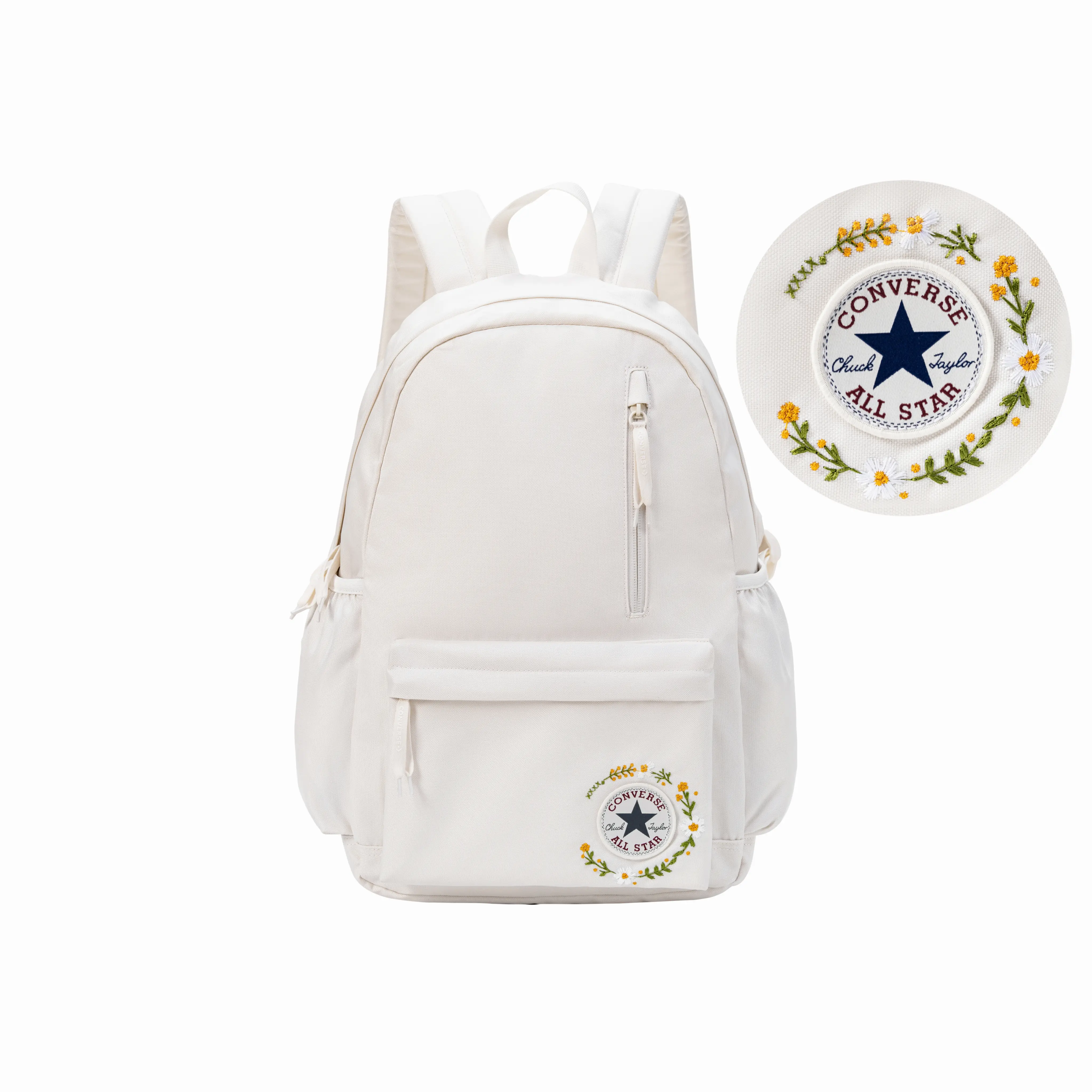 Unisex Converse Embroidered Daisy Polyester Backpack, Medium Size, Couple Style, White Color