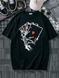 Women's 100% Cotton Streetwear Short-Sleeve T-Shirt, Comfy Classic Gothic Print Tee with Skeleton Hand Holding Playing Cards, Casual Summer Poker Top