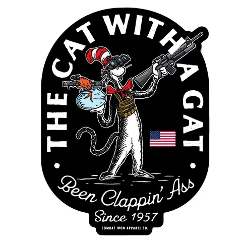COMBAT IRON "The Cat With A Gat Remix" Character-Based Quad Hard Hat PVC Waterproof Sticker - 1-Piece Vinyl, 4" Height, Extra Durable, Simple Peel Off Backing, Weather-Tough Home Decor Accessory