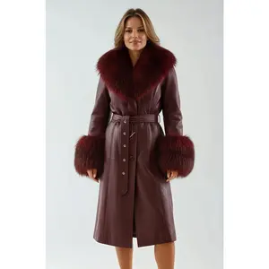 Zoie Fox Fur Collar Genuine Leather Trench Coat - Burgundy